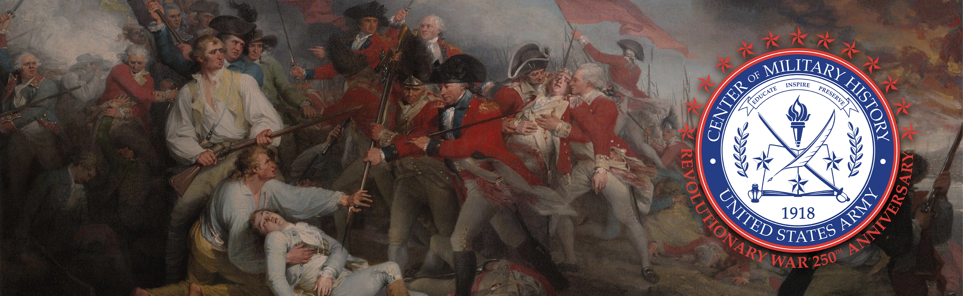 Banner image depicting a Painting of the Battle of Bunker Hill showing close combat between American militiamen and British redcoats, overlayed with the Center of Military History Revolutionary War 250th Anniversary emblem.